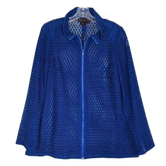 NINA MCLEMORE Blue Floral Eyelet Zip Front Sheer Jacket Women’s Size Small - Picture 1 of 13